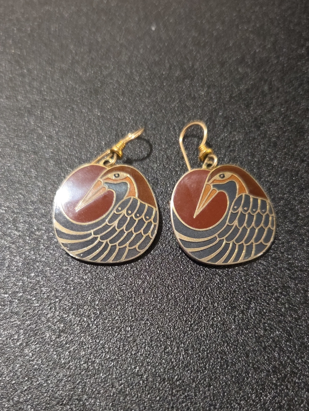 Laurel Burch "Nile Bird" Gold-Tone Red & Black Bird Drop Earrings Fr 1980s